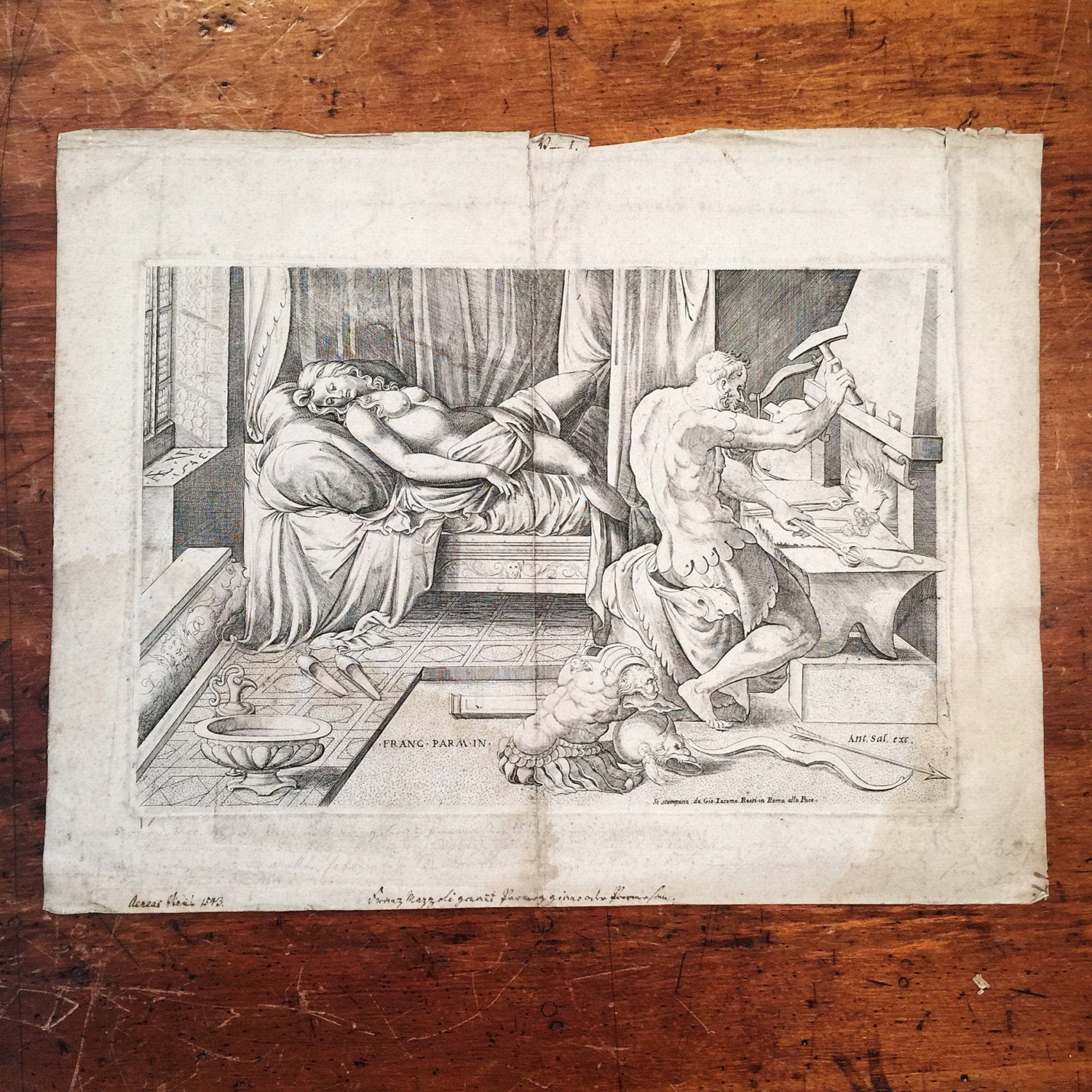 Enea Vico Engraving Print after Parmigianino - Venus and Vulcan - Censored Version - Late 1500's  - Rare