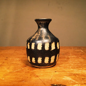 Vintage Art Pottery Vessel - Signed Brooks - Black and White - Skeleton Teeth - Gun metal glaze