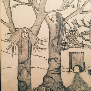 Outsider Art Drawing of Surreal Landscape Scene - Signed - Julie Carol - Psychedelic - Fantasy - Ink and Pencil