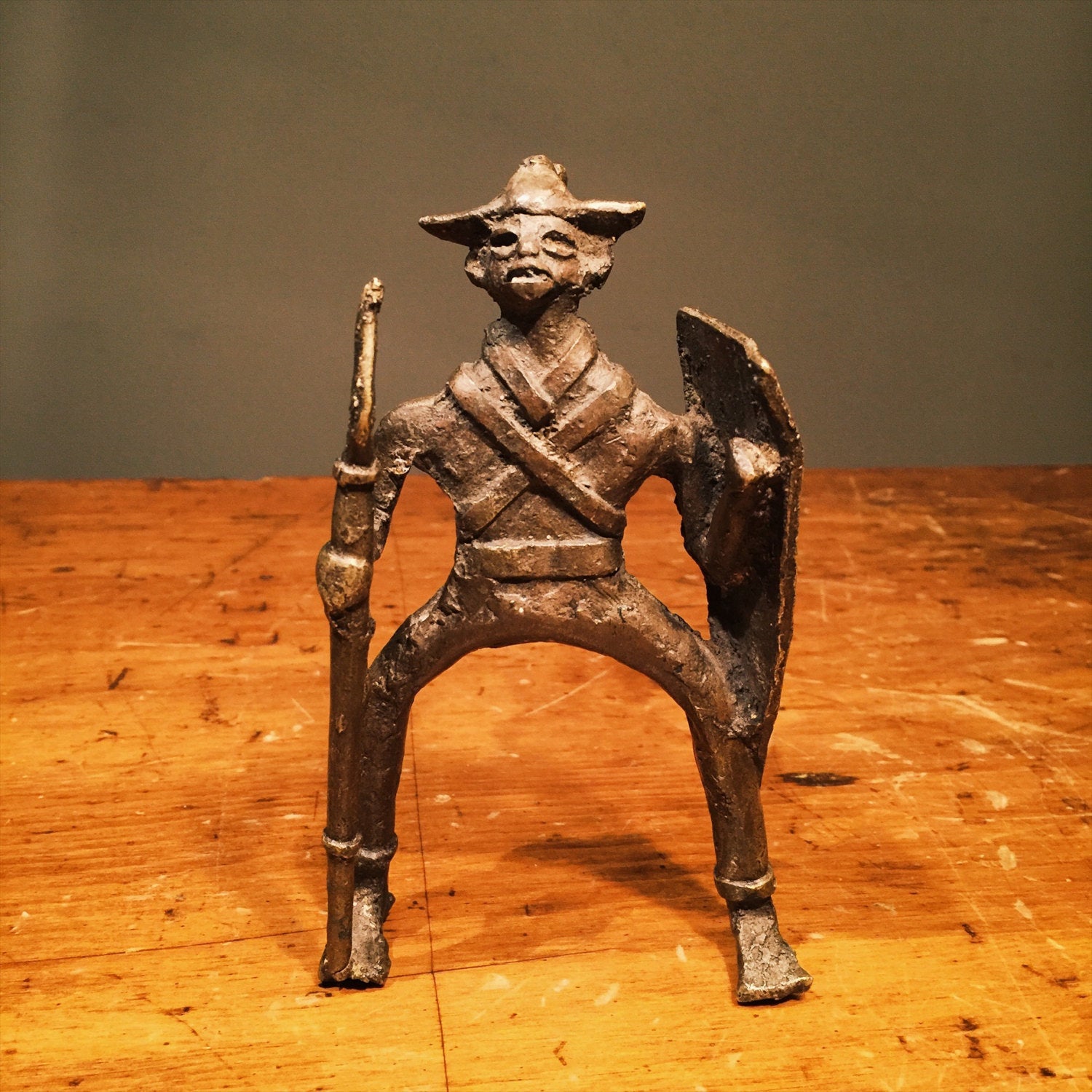 Vintage Bronze Warrior Sculpture - 1960s? - Mystery Artist - Bizarre - Spear - Joker - Shield