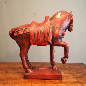 Large Tang Style Ceramic Horse Sculpture - Red Lacquer - Detailed - 1960s? - Chinese - Pottery