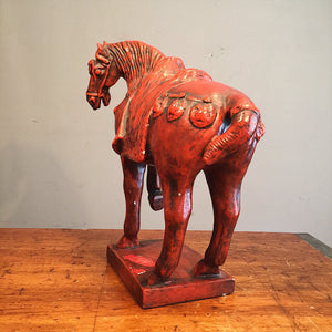 Large Tang Style Ceramic Horse Sculpture - Red Lacquer - Detailed - 1960s? - Chinese - Pottery