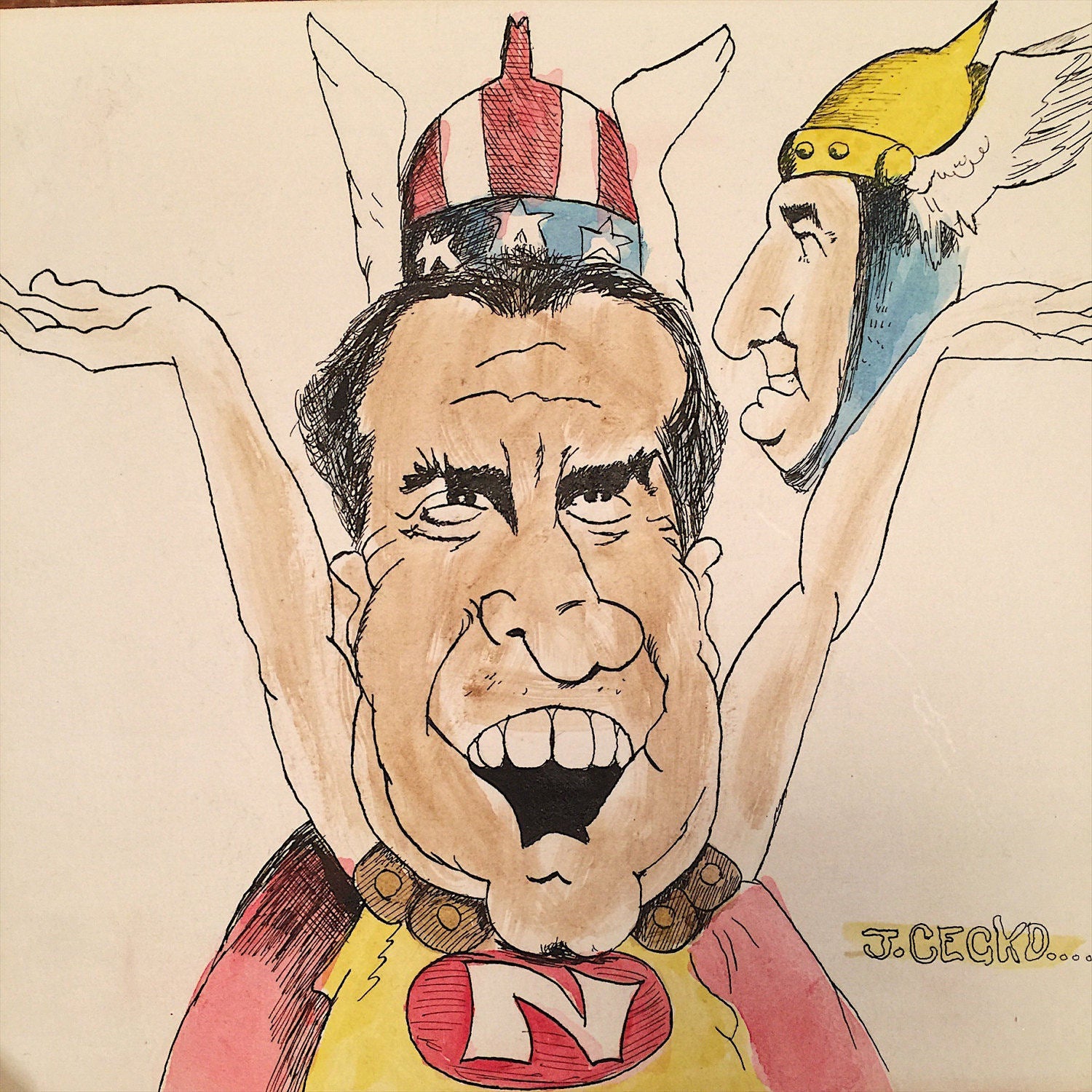 Vintage Counter Culture Drawing of Nixon Agnew - Signed J. Cecko? - Mystery Artist - 1970s - Underground Art - Superhero Costumes - Unframed