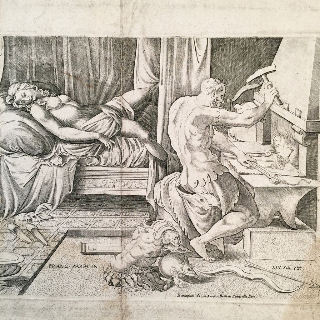 Enea Vico Engraving Print after Parmigianino - Venus and Vulcan - Censored Version - Late 1500's  - Rare