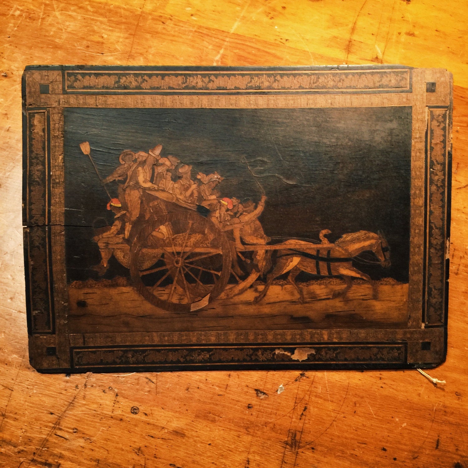 Pyrography Wood Burning of Carriage, Horse, Mob and Whip - Pyrography Art - Flemish? - Mystery artist - Turn of the Century - Antique