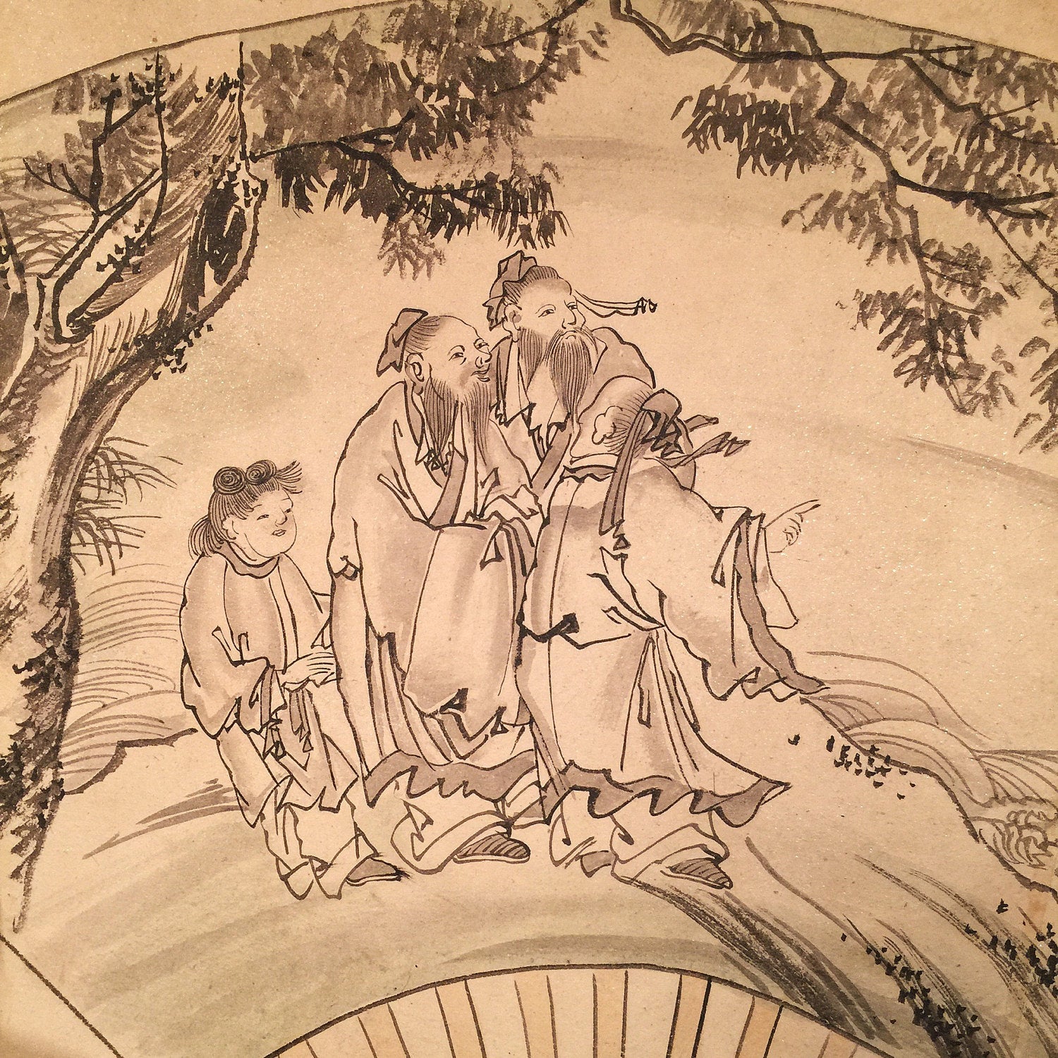 Kano School Fan Painting on Paper - Early 1800s - Japanese - 19th Century - Death - Rare - AS IS - Japanese art - Japanese Kano School art