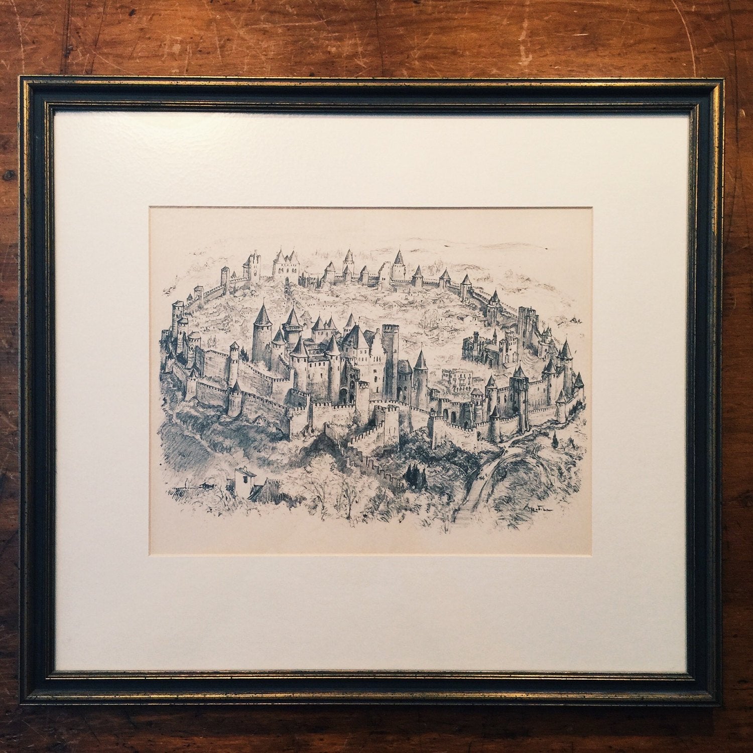 Albert Robida Print of Carcassonne - Signed in Plate - French Illustrator - Steampunk influencer - Hotel de la Cite - Framed - Rare