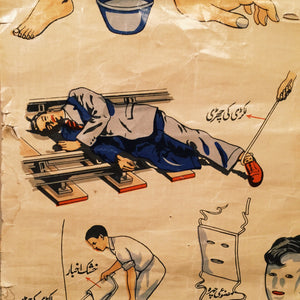 Vintage Medical First Aid Lithograph Chart in Urdu Language - Pakistan? - Linen - Bizarre - Snakebite - Death - Railroad - Creepy