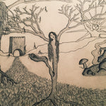 Outsider Art Drawing of Surreal Landscape Scene - Signed - Julie Carol - Psychedelic - Fantasy - Ink and Pencil