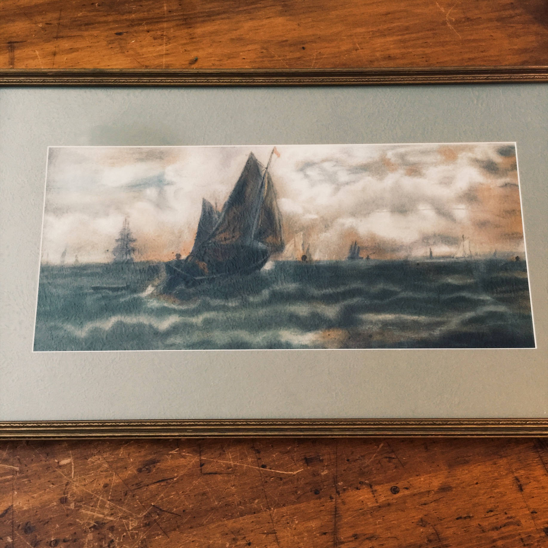 Nautical Painting of Battle at Sea - Pastel? - Mystery Artist - Vintage