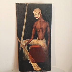 Vintage Creepy Painting of Clown Mime - Signed - 1950s? - Mystery Artist - Morbid Painting - Oil on Canvas Board - The Crow - Outside Art