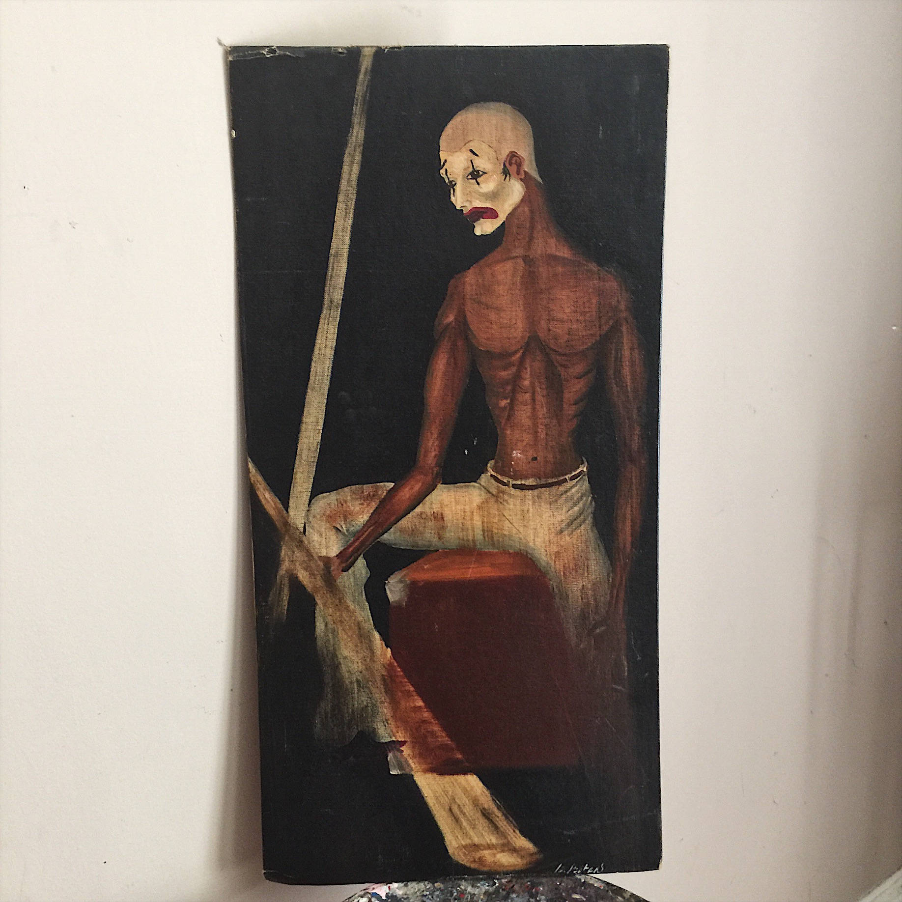Vintage Creepy Painting of Clown Mime - Signed - 1950s? - Mystery Artist - Morbid Painting - Oil on Canvas Board - The Crow - Outside Art