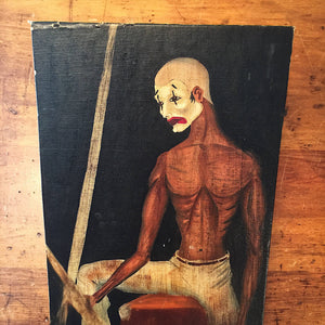 Vintage Creepy Painting of Clown Mime - Signed - 1950s? - Mystery Artist - Morbid Painting - Oil on Canvas Board - The Crow - Outside Art