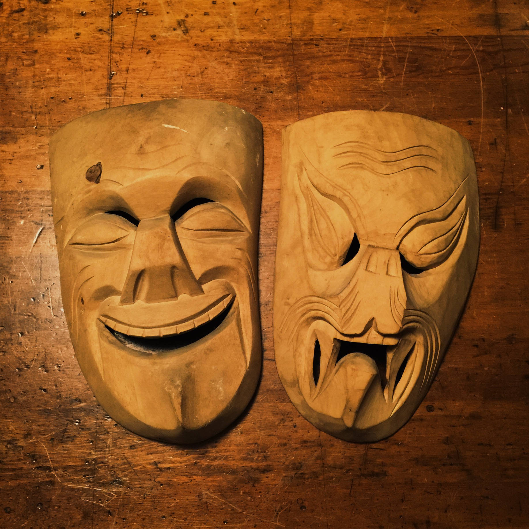 Creepy Comedy Tragedy Wood Masks - Hand Carved - Vintage Wall Art - Unusual Folk Art - Woodworking Art - Creepy wood masks