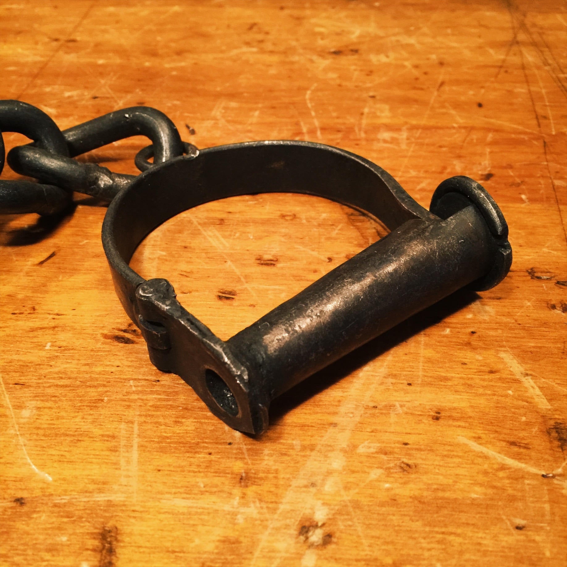 Antique Sheriff Handcuffs with Unusual Chain Size - Cast Iron Shackles - 1800s Forged Metal - Missing Key - Police Collectibles -Military?