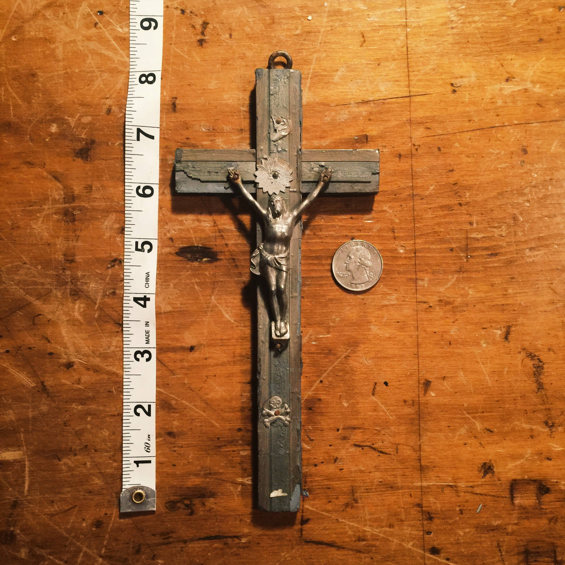 Antique Crucifix with Skull and Crossbones - Inlay Wood - Turn of the Century - Priest Nuns Crucifix - Religious Wall Art - Rare Crucifix
