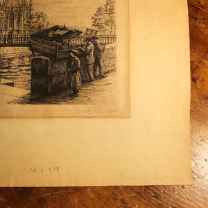 Raoul Varin Etching of Paris Scene - Paris Le Pont au Dauble - Pencil Signed Limited Edition - Self Portrait -  Rare French Print