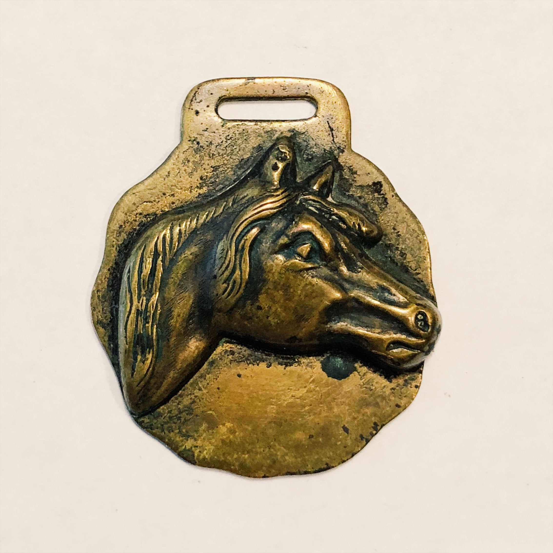 Antique Brass Equestrian Medallion Pendant of Embossed Horse Head