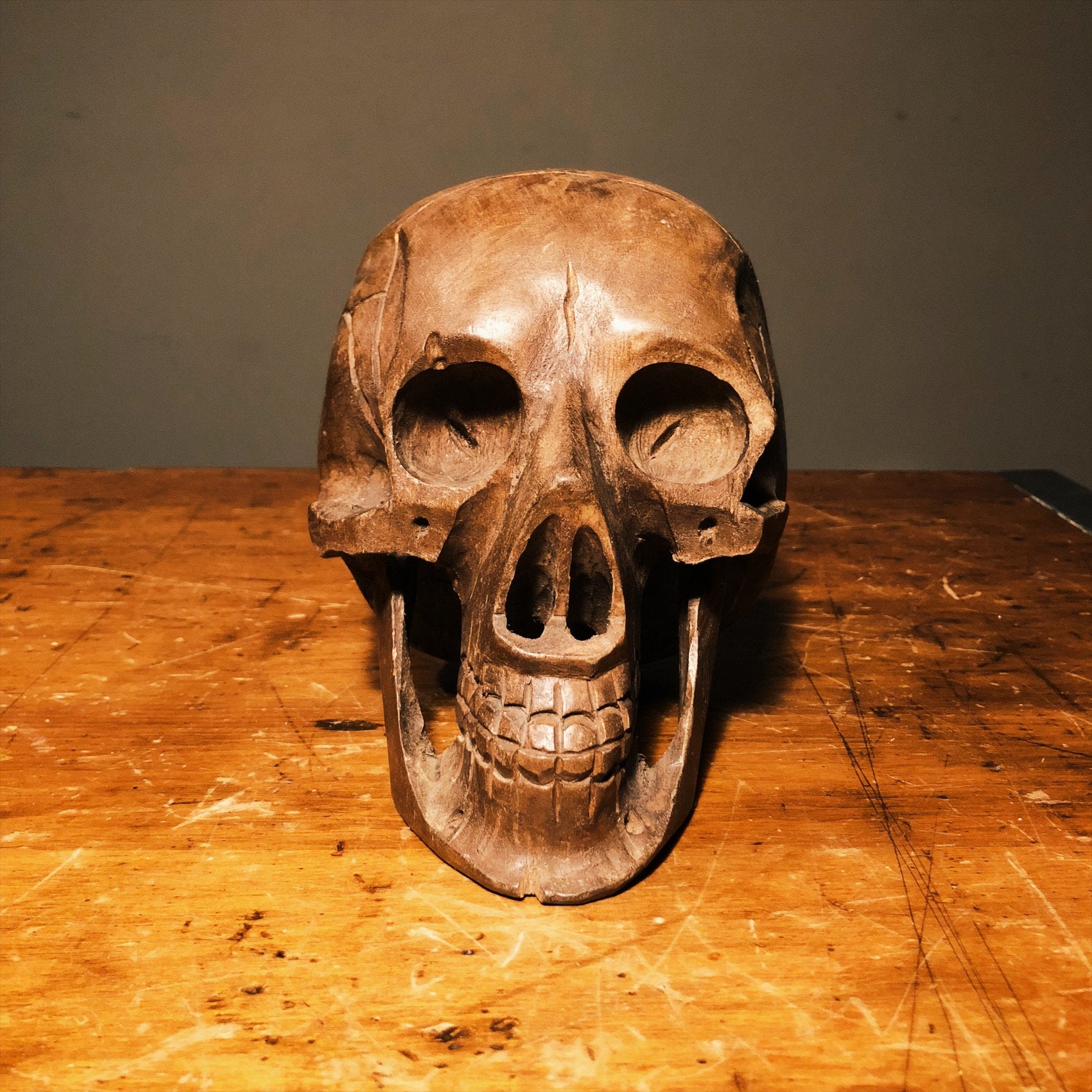 Vintage Wood Carved Skull - India - 1970s? - Hand Carved - Life Size - Ornate Carving - Oddity - Unusual Art Carvings - Creepy Carving