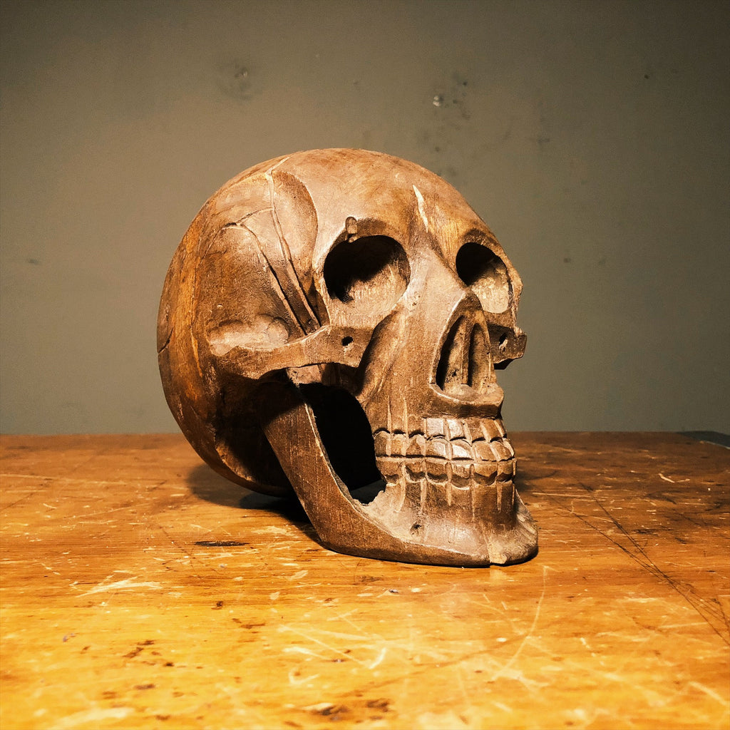 Vintage Wood Carved Skull - India - 1970s? - Hand Carved - Life Size - Ornate Carving - Oddity - Unusual Art Carvings - Creepy Carving