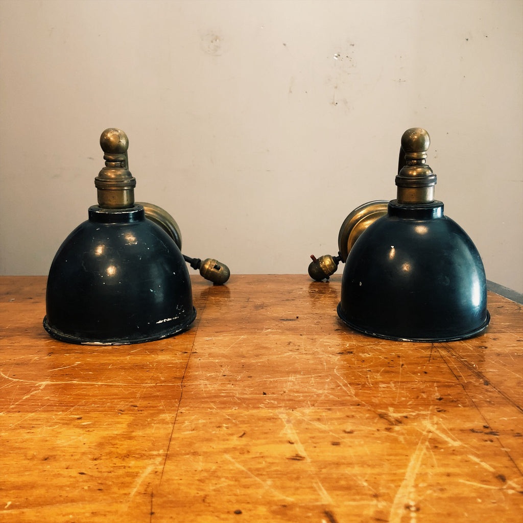 Vintage Industrial Light Fixtures with Black Shades - Set of 2 - Antique Rare Accent Lighting - Bar Decor - Man Cave Lighting - AS IS