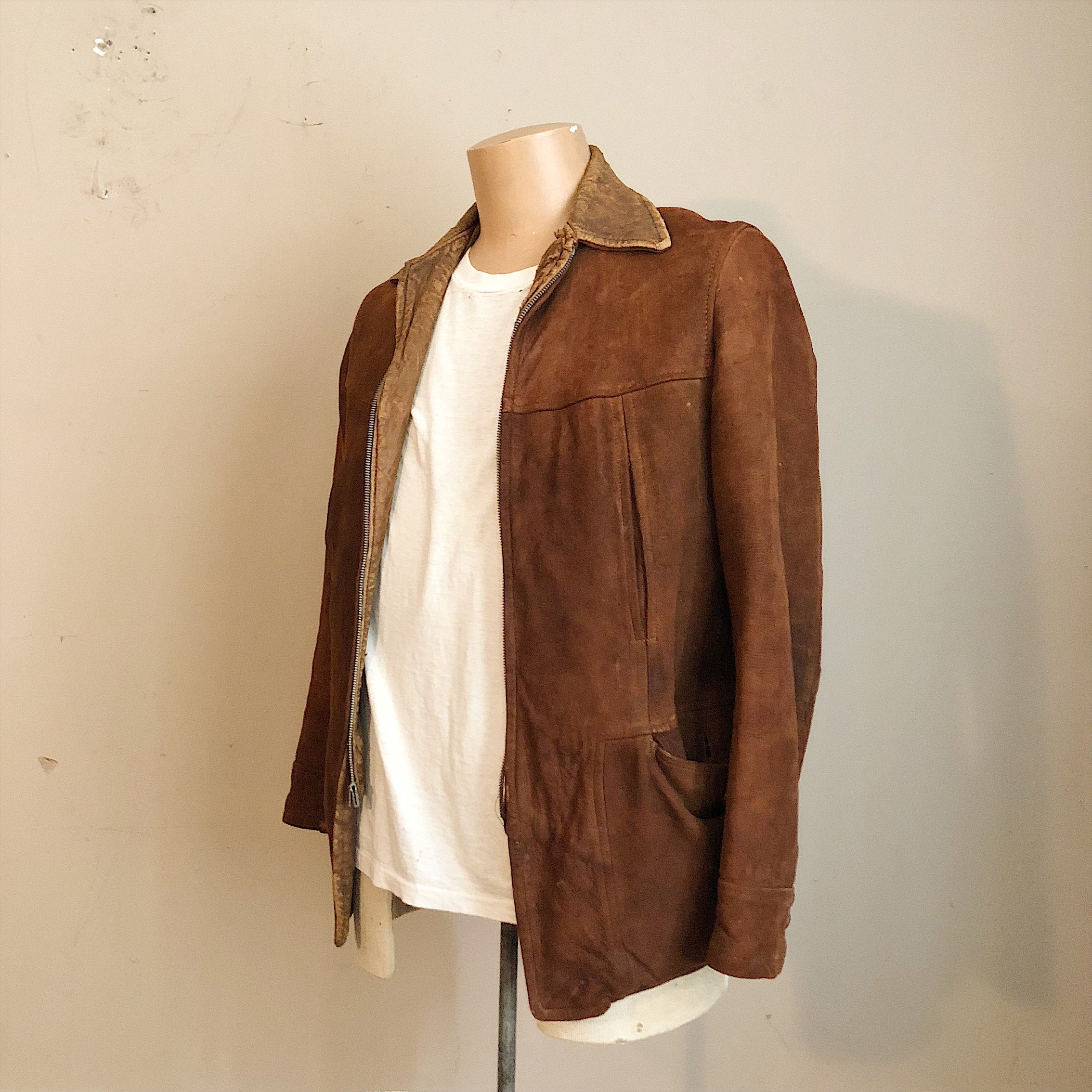 Left side view of 1930s Workwear Suede Leather Jacket 