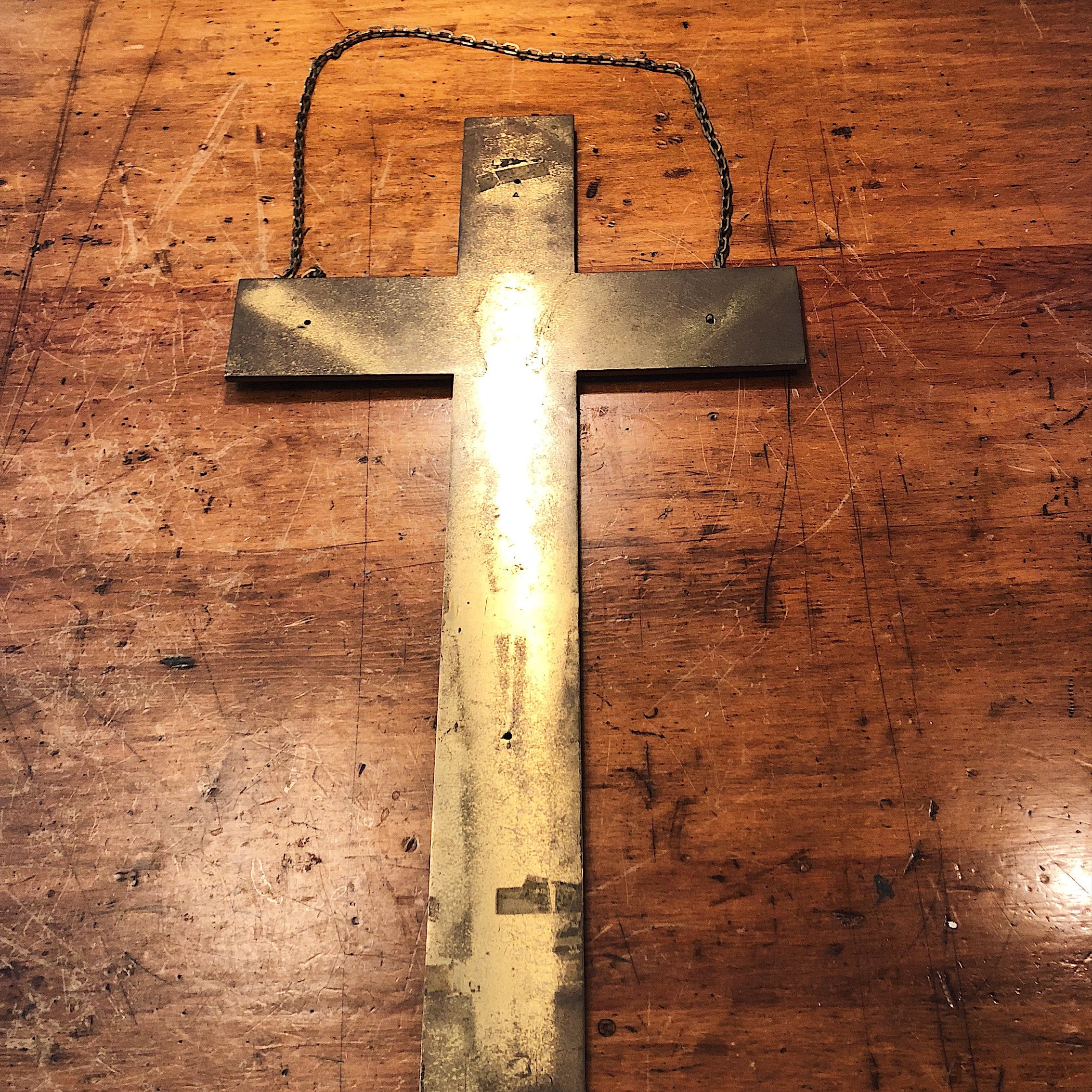 Huge Brass Crucifix Cross with Christ Impression - 26" x 16" - Religious Relic -1940s? - Wall Decor - Chain Link Wall Hanging - Rare