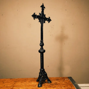 Large Antique Brass Standing Crucifix - French? - 26" - Early 1900s - Gothic Decor - Black Paint Patina - Vintage Religious Cross Decor