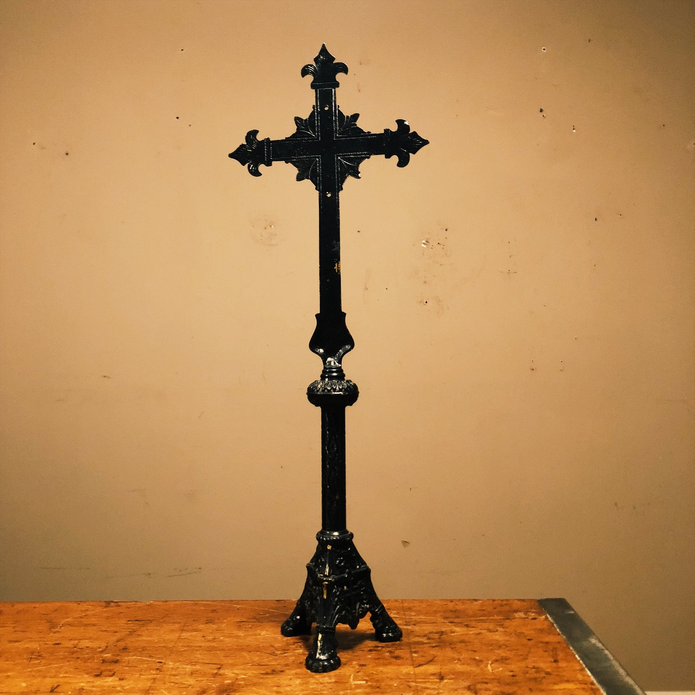 19th Century French Gothic Free Standing Repousse Brass Church Crucifix -  Country French Interiors
