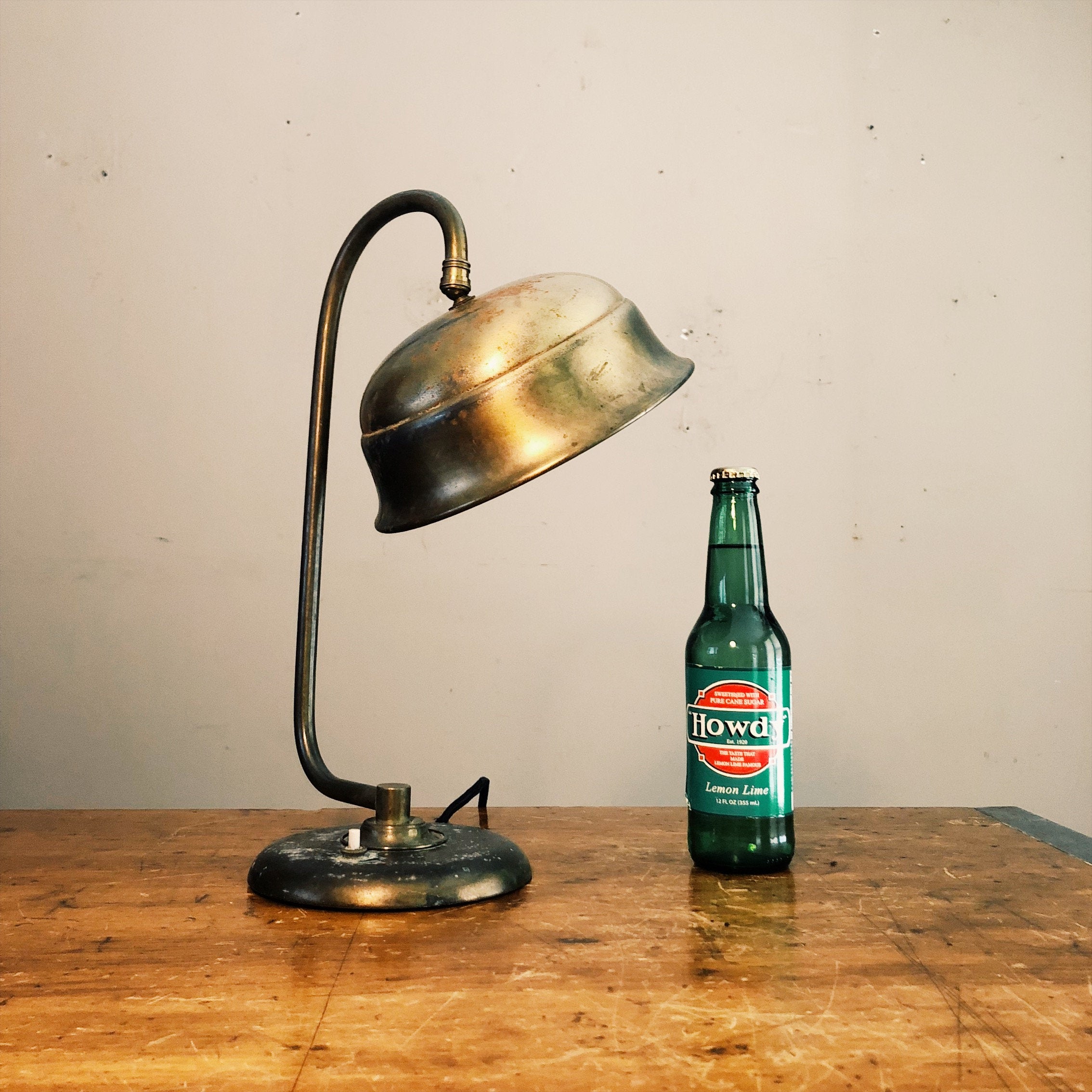 Bauhaus Style Table Lamp with Knuckle Shade Adjuster - Original Antique Desk Lamp - Industrial Decor - Banker's Lamp - Brass and Metal -