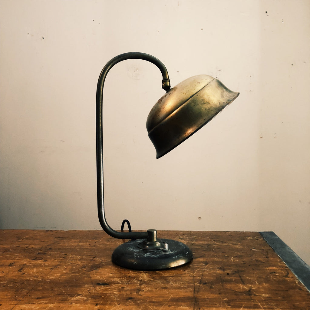 Bauhaus Style Table Lamp with Knuckle Shade Adjuster - Original Antique Desk Lamp - Industrial Decor - Banker's Lamp - Brass and Metal -