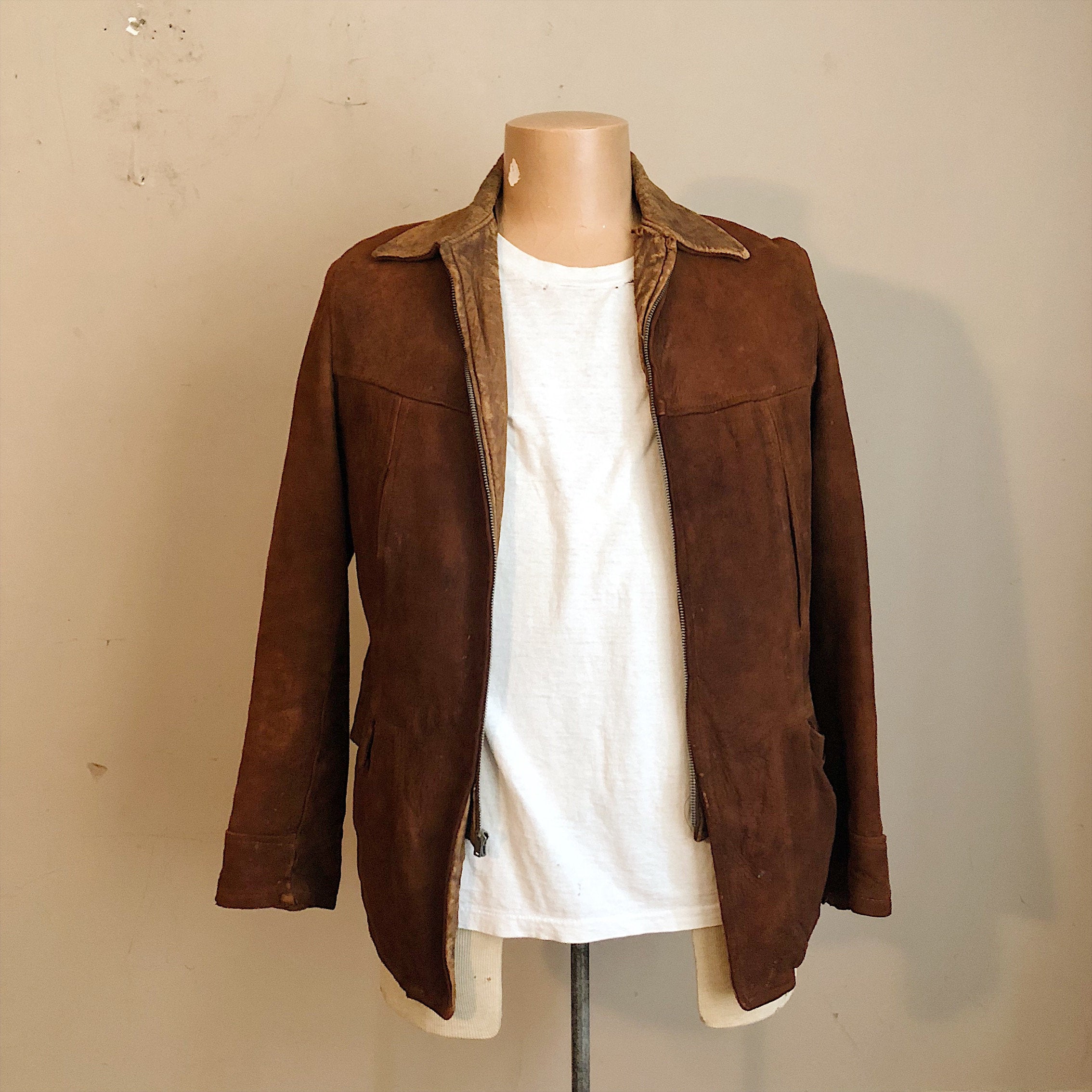 Front and T-Shirt with 1930s Workwear Suede Leather Jacket 