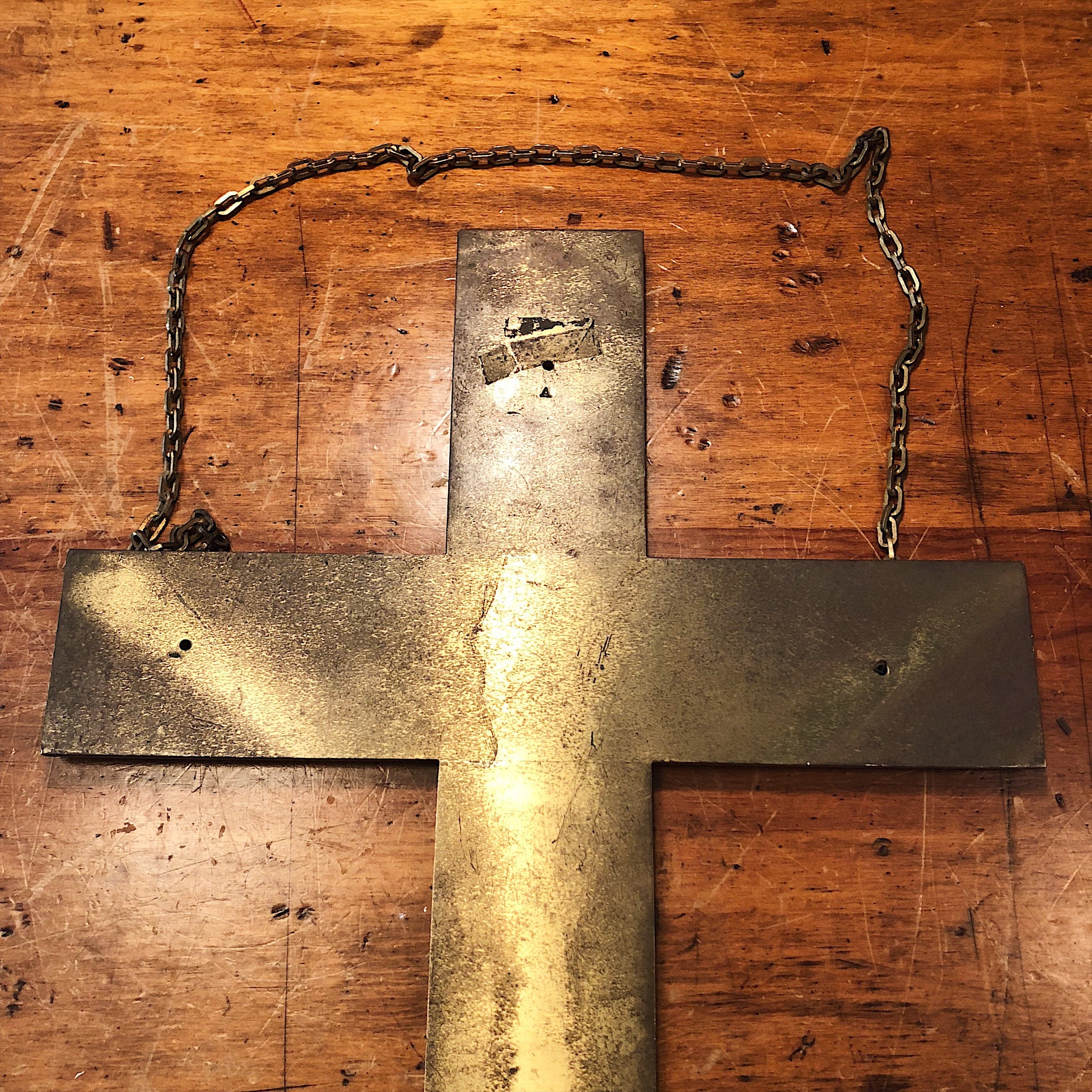 Huge Brass Crucifix Cross with Christ Impression - 26" x 16" - Religious Relic -1940s? - Wall Decor - Chain Link Wall Hanging - Rare