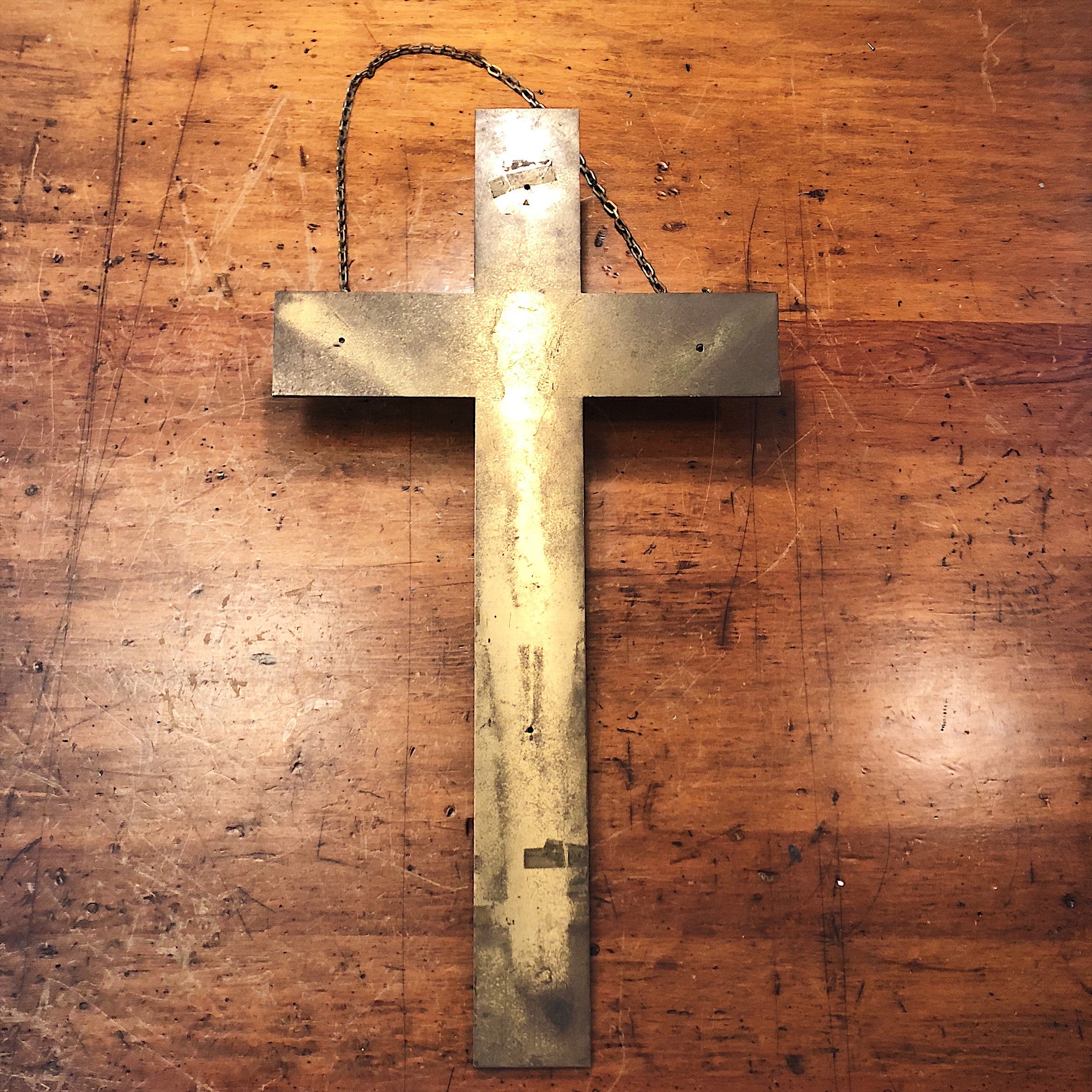 Huge Brass Crucifix Cross with Christ Impression - 26" x 16" - Religious Relic -1940s? - Wall Decor - Chain Link Wall Hanging - Rare