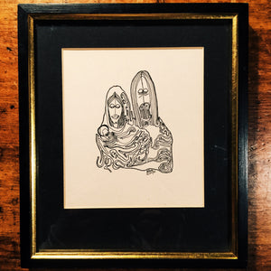 Psychedelic Ink Drawing of Jesus, Mary and Joseph - Framed - Signed - 1966 - Vintage