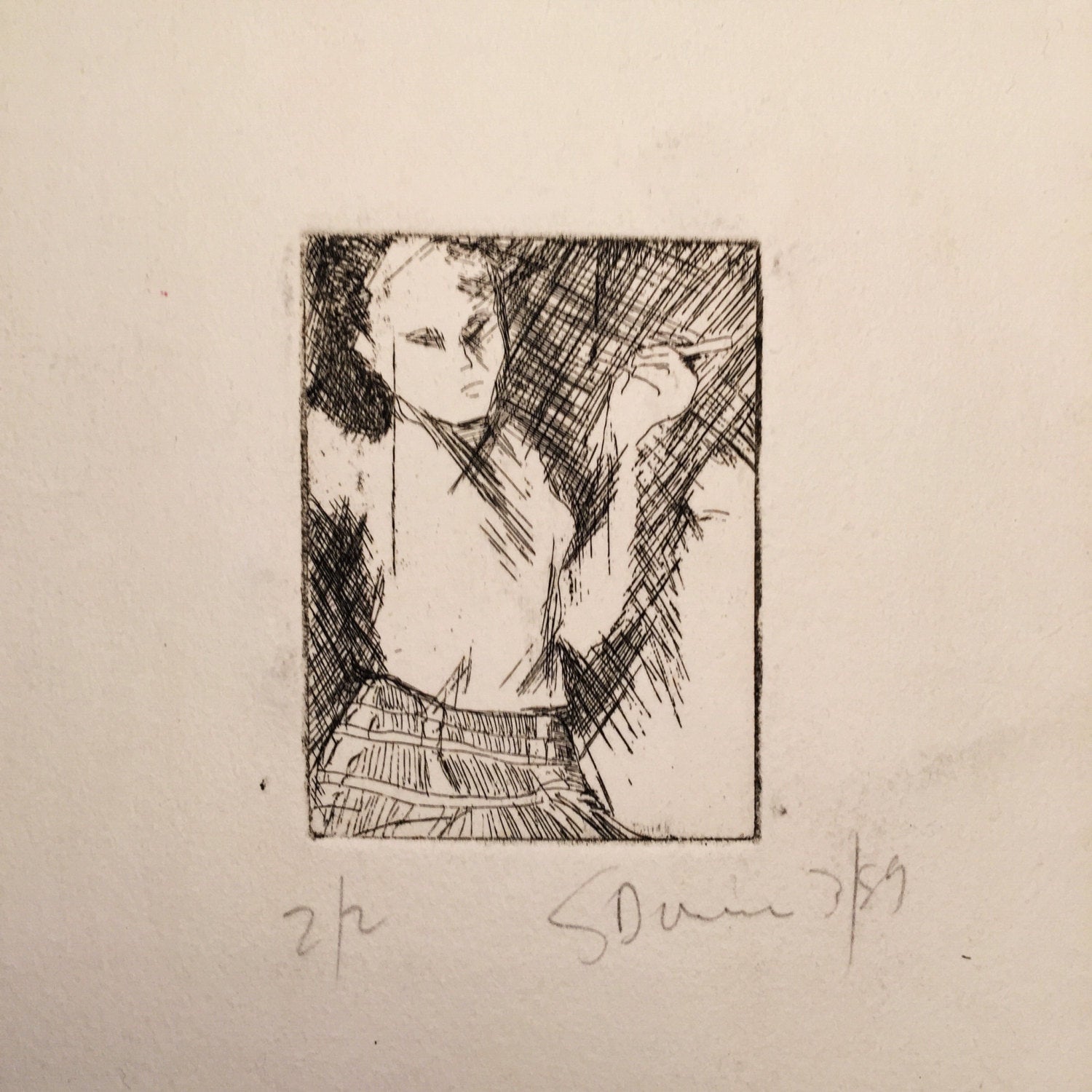 Vintage Modernist Etching of Figure with Cigarette - Signed - Mystery Artist - 1959 - 2 of 2