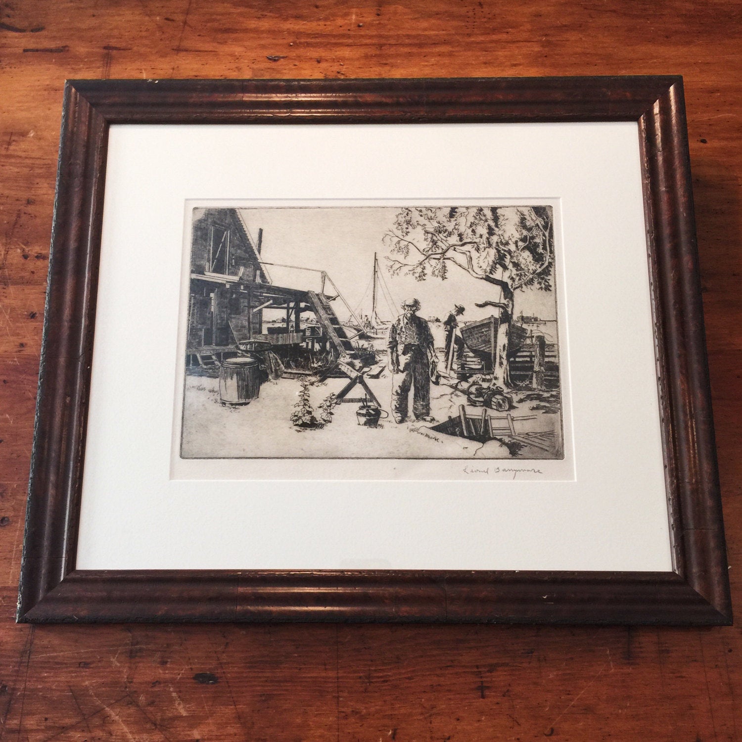 Lionel Barrymore Woodcut - Point Mugu - Signed in Pencil - Authentic - Vintage - Framed - Hollywood Art - Drew - Rare