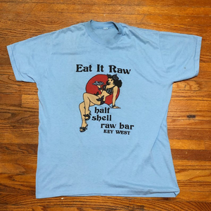 Vintage Eat It Raw T-Shirt - Half Shell Raw Bar Key West - Pin up Shirt - 1990s - Hot Rod Culture Clothing - Medium? - Blue Shirt